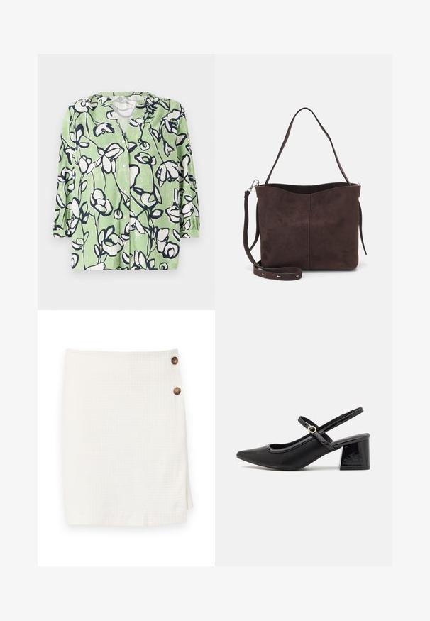 Grüne Hemdbluse mit floralem Muster in Weiß und Marineblau. Hat einen V-Ausschnitt und Dreiviertelärmel mit glatter Textur.; Weißer Rock aus strukturiertem Stoff, mit einem Wickeldesign und zwei runden Knöpfen an der Seite zum Verschließen.; Schwarze Lackleder-Slingback-Absätze mit spitzer Zehenform, einem runden Ausschnitt-Design und einem Blockabsatz. Mit einem goldfarbenen Schnallenakzent.; Braune Wildleder-Tasche mit weicher Textur, ausgestattet mit einem einzelnen Schulterriemen und einer dezenten, gewölbten Öffnung an der Oberseite. Keine sichtbaren Beschläge.