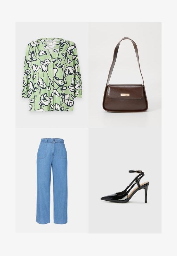 Grüne Hemdbluse mit floralem Muster in Weiß und Marineblau. Hat einen V-Ausschnitt und Dreiviertelärmel mit glatter Textur.; Hellblaue Denim-Weite-Hosen mit einem Gürtelbund, zwei Fronttaschen und einer schlichten Textur. Sie verfügen über ein minimalistisches Design und klare Linien.; Schwarze Patentleder-High-Heel-Slingback-Pumps mit spitzem Zeh, verstellbarem Knöchelriemen und offenen Seiten. Glatte Textur.; Braune Lederschultertasche mit strukturierter Form, ausgestattet mit einem magnetischen Klappenverschluss und einem metallischen Logoakzent auf der Vorderseite.