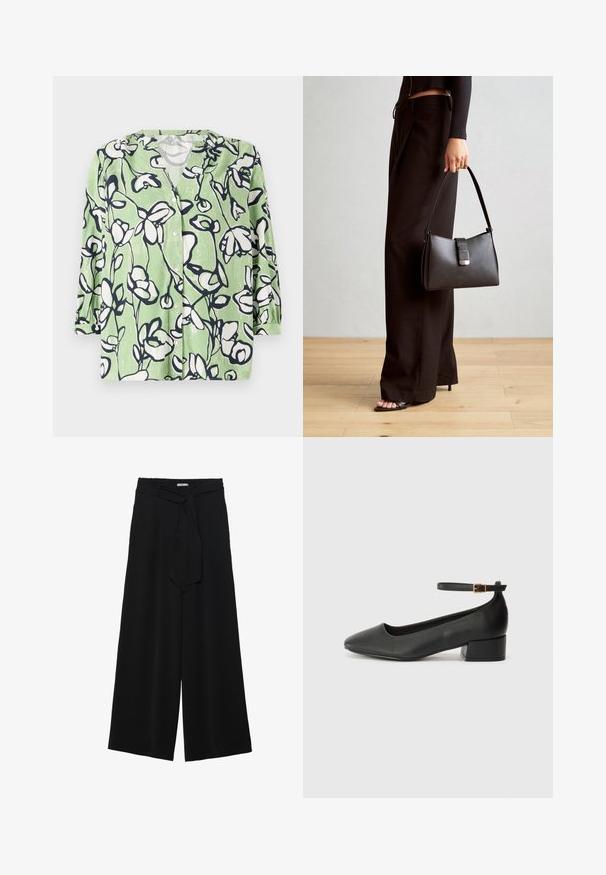 Roheline nööpidega särk, millel on valge ja mereväe sinine lillemuster. Omab V-kaelust ja kolmandiku pikkusega varrukaid, millel on sile tekstuur.; Mustad laiad püksid, millel on tekstureeritud kangas, elastne vöökoht ja eemaldatav pael vööst, et reguleerida sobivust.; Must mustaapp, millel on terav nina ja madal blokk-kand. Omab pahkluu rihma koos kuldse tooni pandlaga. Sile tekstuur.; Must musta kott, millel on struktureeritud kuju, sile tekstuur ja metallist klamber. Kombineeritud laiate mustade pükstega ja avatud varvaste sandaalidega puidust põrandal.