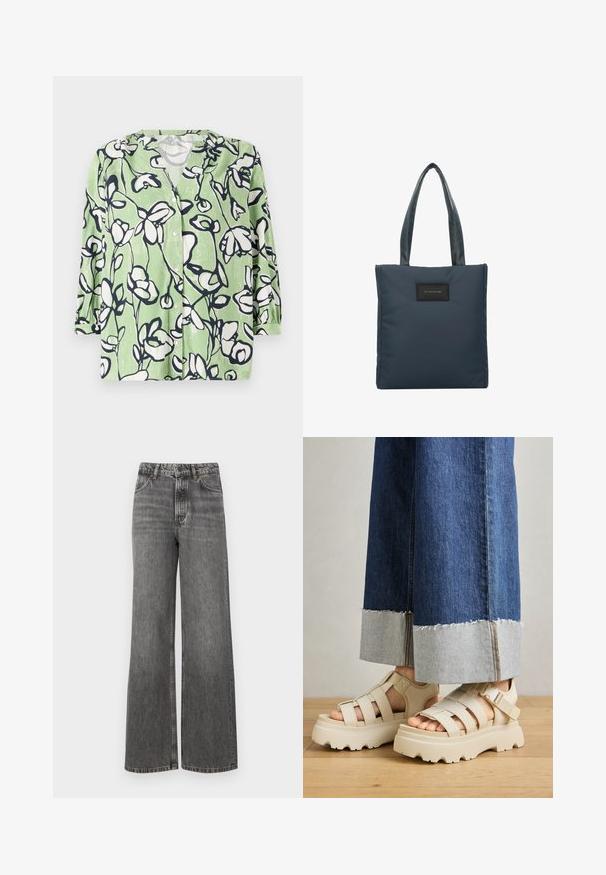Grüne Hemdbluse mit floralem Muster in Weiß und Marineblau. Hat einen V-Ausschnitt und Dreiviertelärmel mit glatter Textur.; Weite Jeans in verblasstem schwarzem Denim. Merkmale einen hohen Taillenbund, fünf Taschen und kontrastierende Nähte. Glatte Textur mit leicht abgedroshenem Aussehen.; Beige Plattform-Sandalen mit dicken Sohlen verfügen über ein Riemchen-Design und verstellbare Knöchelriemen. Getragen zu weit geschnittenen Denim-Hosen, ist ein Saum ausgefranst.; Tote Bag in Marineblau aus glattem Nylon, mit zwei strukturierten Griffen und einem schwarzen rechteckigen Logo-Patch auf der Vorderseite.