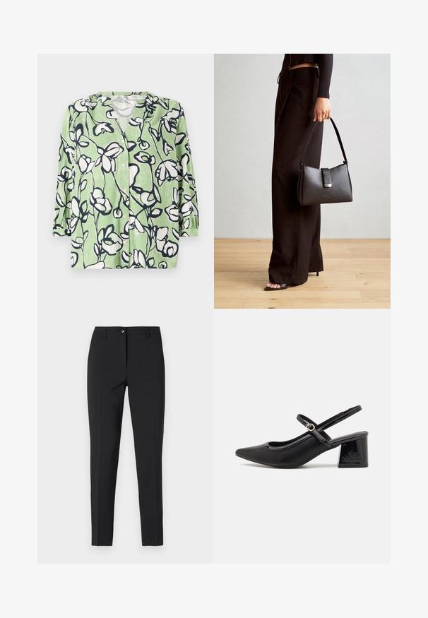 Zielona koszula zapinana na guziki z kwiatowym wzorem w bieli i granacie. Posiada dekolt w serek oraz rękawy do trzech czwartych i gładką fakturę.; Czarne dopasowane spodnie z gładkiego materiału, z klasycznym pasem, przednim zamkiem błyskawicznym i bocznymi kieszeniami, o eleganckim, dopasowanym kroju.; Czarne lakierowane czółenka na słupku ze spiczastym noskiem, lekko zaokrąglonym wycięciem i obcasem w kształcie bloku. Posiadają złotą klamrę jako akcent dekoracyjny.; Czarna torebka o usztywnionym kształcie, gładkiej fakturze i metalowym zapięciem. Połączona z szerokimi czarnymi spodniami i sandałami na otwartym palcu na drewnianej podłodze.