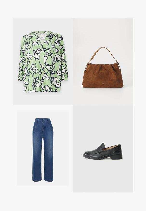 Grønn skjorte med knapp som har et blomstermønster i hvitt og marinedykt. Har v-hals og trekvart ermer med en glatt tekstur.; Høyt midje denimjeans i middels blå. Har knappedetaljer foran og bred benstil. Stoffet har en glatt tekstur med lett falming.; Svart skinnloafers med lav hæl, med en sømmet design og slip-on stil, mot en ensfarget hvit bakgrunn.; Brun semsket håndveske med en samlet design, som har en enkelt tan lærrem og en subtil gull logo detalj på forsiden.
