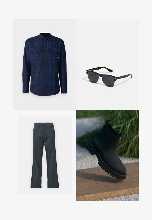 G-STAR MARINE SLIM - Πουκάμισο - imperial blue bold check; Μαύρο παντελόνι με ίσια γραμμή, κατασκευασμένο από ύφασμα από μείγμα βαμβακιού. Διαθέτει μεταλλικό κούμπωμα και πλαϊνές τσέπες. Χωρίς εμφανή σχέδια.; Μαύρο μποτάκι μέχρι τον αστράγαλο με λείο φινίρισμα, ελαστικές πλαϊνές πάνες και χοντρή, ανθεκτική σόλα. Τοποθετημένο σε φυσικό φόντο πάνω σε ξύλινη επιφάνεια.; Μαύρα γυαλιά ηλίου σε ορθογώνιο σχήμα, σκούροι φακοί, ασημί λεπτομέρειες στους κροτάφους και ματ φινίρισμα στον σκελετό.