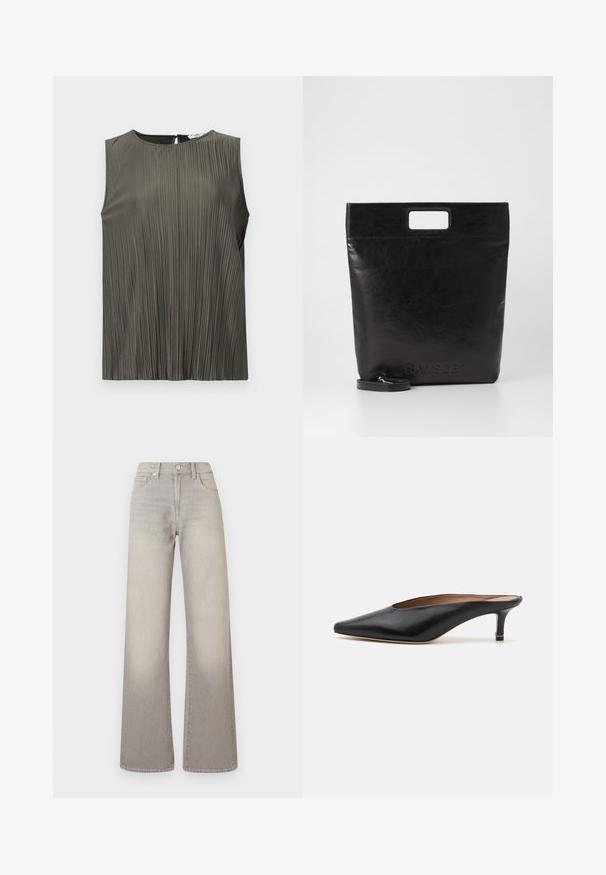 Mouwloze top in donkergroen olijf met verticale plooien, ronde halslijn en sleutelgat-detail op de rug. Glad textuur en vloeiend ontwerp.; Grijze wijde jeans met een vervaagde afwerking, knoopsluiting, vijfzakkenontwerp en gestikte details langs de naden.; Zwarte leren muiltjes met een puntige neus en een lage, blokhak. Glad oppervlak met een gestroomlijnd ontwerp. Open achterkant met minimale details.; Zwarte leren draagtas met een vierkant handvat, met een gestructureerde afwerking en een reliëflogo. Inclusief een afneembare schouderband.