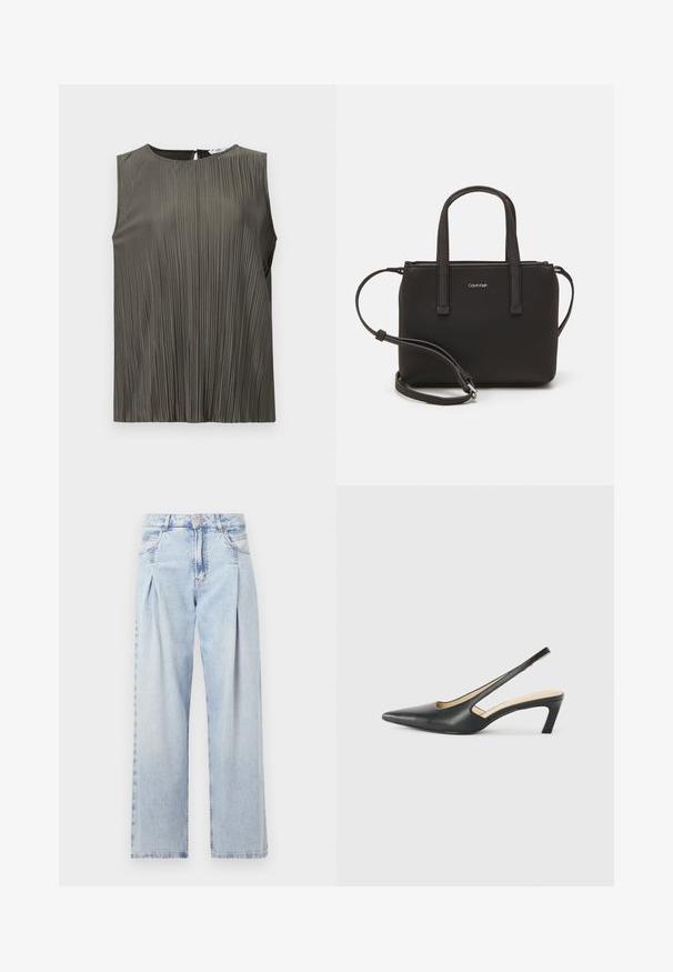 Top senza maniche in verde oliva scuro con pieghe verticali, scollo rotondo e dettaglio a chiave sul retro. Texture liscia e design fluido.; Jeans in denim azzurro chiaro con vita alta, taglio a gamba larga, due tasche laterali e design plissettato. Texture morbida con una finitura sbiadita.; Scarpa slingback nera con punta affilata e tacco basso, realizzata in pelle liscia e con un design a taglio laterale per favorire la traspirabilità.; Borsa nera con doppi manici corti e tracolla removibile. Materiale simile alla pelle liscia con chiusura a zip e dettaglio del logo.