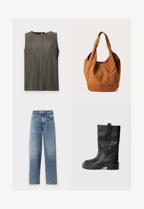 Ärmelloses Oberteil in dunklem Olivgrün mit vertikalen Falten, Rundhalsausschnitt und Schlüsselaugen-Detail auf der Rückseite. Sanfte Textur und fließendes Design.; Hellblaue Denimjeans mit geradem Schnitt, hoher Taille und dezentem Verblassen. Verfügt über fünf Taschen und einen Knopfverschluss.; Schwarze Lederstiefel bis zum Knie mit schlankem Design, ausgestattet mit einer dicken Sohle und einem seitlichen Zugschlauf für ein einfaches Anziehen. Auffällige Nähte.; Braune Wildleder-Schultertasche mit weicher Textur, gebogener Form und zwei Griffen. Verfügt über ein minimalistisches Design ohne sichtbare Beschläge oder Akzente.