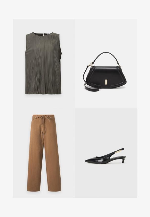 Top senza maniche in verde oliva scuro con pieghe verticali, scollo rotondo e dettaglio a chiave sul retro. Texture liscia e design fluido.; Pantaloni larghi marroni in cotone, con vita elasticizzata e due tasche frontali. Tessuto strutturato con una finitura liscia.; Tacchi slingback in pelle nera con punta affusolata, caratterizzati da un tacco alto e un accento dorato sulla cinghia regolabile. Texture liscia.; Borsa a mano in pelle nera con un design strutturato, caratterizzata da una forma corta, manico superiore e accessori in metallo dorato. Inclusa tracolla regolabile.