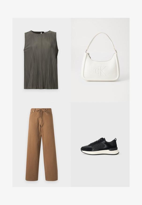Ujjatlan, sötét olíva zöld felső, függőleges redőzéssel, kerek nyakkivágással és kulcslyuk hátkivágással. Simább textúra és légies dizájn.; Barna, bő szárú nadrág, pamutból készült, combrészes derékkal és két elülső zsebbel. Texturált anyag, sima felülettel.; Fekete sportcipő sima bőr felsőrésszel, velúr részletekkel, kerek orrral és kontrasztos fehér középtalppal. Fűzős záródás és logó részlet található rajta.; Fehér bőrtáska ívelt formájú, elöl feltűnő "CK" logóval, egyetlen vállpánttal. Cipzáras zárás a tetején.