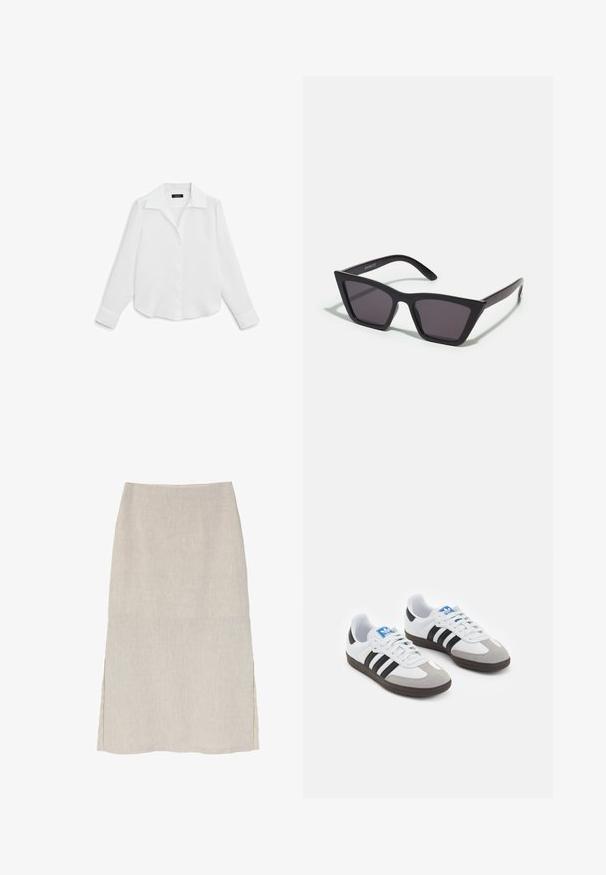 Massimo Dutti OPEN COLLAR LONG SLEEVE - Overhemdblouse - white; Lichtbeige linnen rok met een rechte silhouet, zijsplitten en een subtiele textuurafwerking. Geen zichtbare beslagdelen of versieringen.; Sportschoenen met een witte leren bovenkant, grijze suède neus en drie zwarte strepen. Bevat een blauw logo op de tong en een gestructureerde rubberen zool.; Zwarte, hoekige zonnebril met grijze lenzen; gemaakt van plastic, met dikke armen met een gladde oppervlakte en zonder zichtbare hardware.