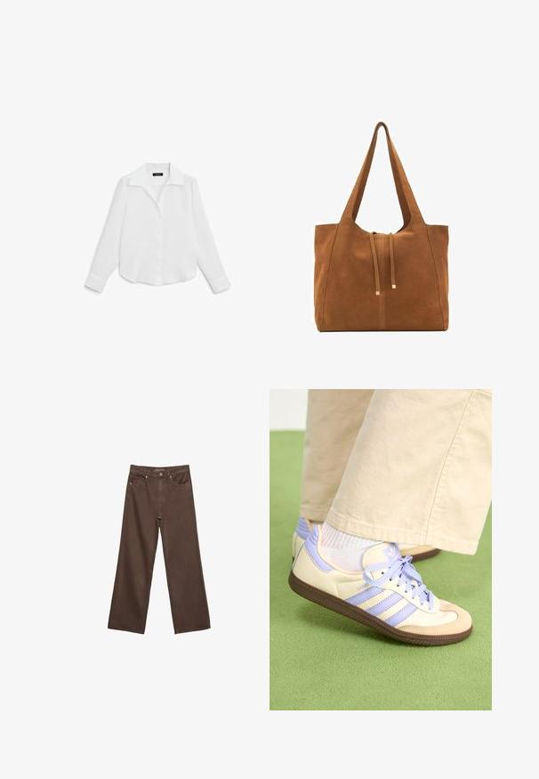 Massimo Dutti OPEN COLLAR LONG SLEEVE - Overhemdblouse - white; Brede bruine spijkerbroek van denim, met een hoge taille, voorzakken en een klassieke knoopsluiting. Soepele textuur met subtiele stiksels.; Crème- en lavendel-sneakers met drie strepen en een gestructureerde bruine zool, voorzien van veters en een gewatteerde hiel. Zachte stoffen bovenkant.; Bruine suède schoudertas met twee lange hengsels, trekkoordsluiting en minimalistisch ontwerp. Gladde textuur en geen zichtbare hardware-accenten.