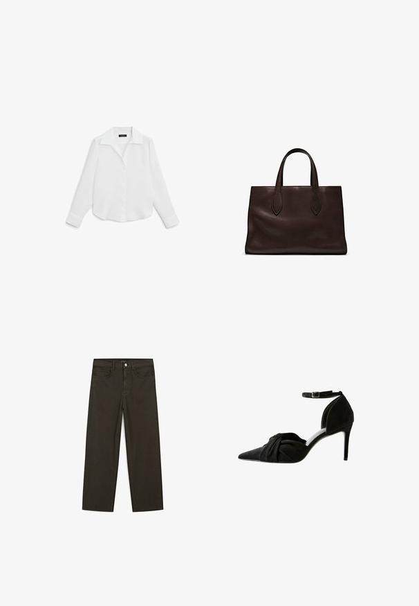 Massimo Dutti OPEN COLLAR LONG SLEEVE - Camicia - white; Jeans a gamba larga di colore verde scuro, realizzati in tessuto misto cotone, dotati di chiusura con bottone frontale, cinque tasche e cuciture classiche in denim.; Scarpa nera in suede con tacco alto, punta affusolata, dettaglio annodato sul davanti, cinturino alla caviglia e sottile tacco a stiletto.; Borsa a spalla in pelle marrone con due manici lunghi, forma rettangolare strutturata, texture liscia e dettagli di cucitura sottili.
