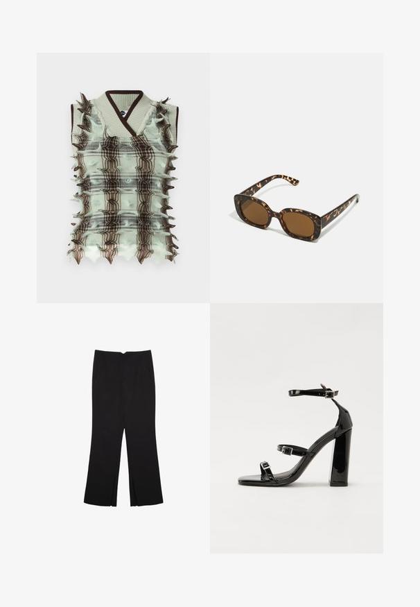 Pletená vesta v mátové a hnědé barvě s kostkovaným vzorem, která má vyvýšené, ostré detaily podél stran a žebrovaný límec.; Černé kalhoty s rovným střihem, s předními kapsami a bočními rozparky na lemu. Vyrobené z jemné, hladké tkaniny. Vhodné na různé příležitosti.; Černé lakované sandály na podpatku se čtveratou špičkou, lýtkovými pásky a stříbrnými přezkami. Disponují masivním blokovým podpatkem pro stabilitu.; Sluneční brýle ve skořápce želvy s kulatým, širokým rámem a hnědými čočkami. Mají jemné vzory a rovné, zúžené stranice.