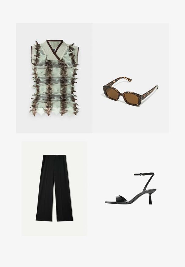Úpletová vesta v mätovej a hnedej farbe s kockovaným vzorom, ktorá má zvýšené, ostnaté akcenty po stranách a rebrovaný golier.; Bershka WIDE - Nohavice - black; Bershka Sandále na vysokom opätku - black; Slnečné okuliare v tortoiseshell štýle s okrúhlym, robustným rámom a hnedými šošovkami. Má jemné vzory a rovné, zoštíhlené ramená.; Biely ramenný vak vyrobený z hladkého materiálu, s oválnym výrezom a širokým popruhom. Jednoduchý a moderný, bez viditeľného kovania.
