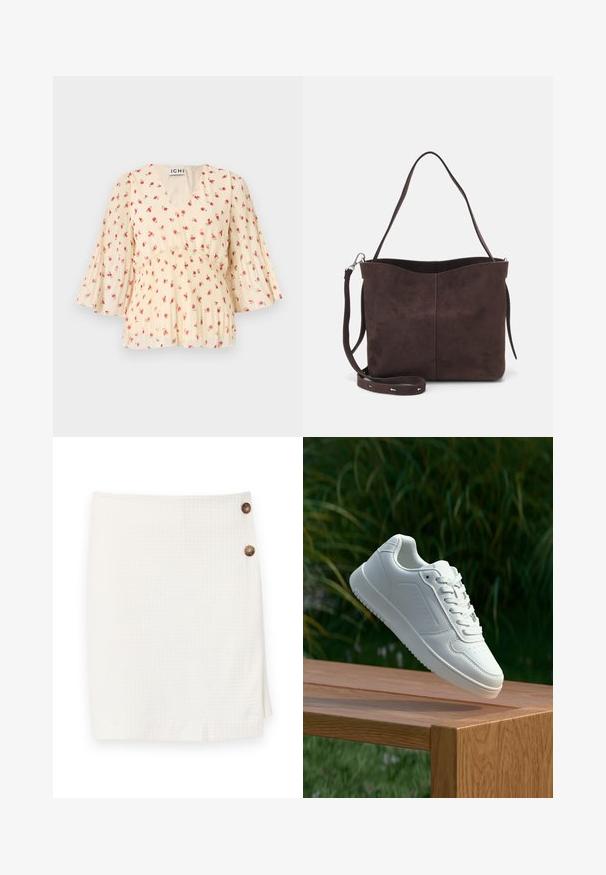 Blusa floreale color crema con scollatura a V e maniche plissettate. Presenta piccole rose rosa, tessuto morbido e vita aderente con dettagli svasati laschi.; Gonna bianca con tessuto texturizzato, caratterizzata da un design avvolgente e due bottoni tondi laterali per la chiusura.; Sneaker bianco con tomaia in sintetico liscio, punta perforata, lacci piatti e suola testurizzata, esposto su una superficie di legno.; Borsa a spalla in suede marrone con una texture morbida, caratterizzata da una singola tracolla e un'apertura superiore leggermente curvata. Nessun dettaglio hardware visibile.