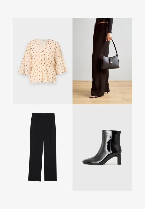 Cvjetna bluza u krem boji s V-izrezom i nabranim rukavima. Sadrži male ružičaste ruže, mekani materijal i uski struk s labavim lepršavim detaljima.; Crne hlače ravnog kroja, s dva prednja džepa i pojasom. Izrađene od glatkog, laganog materijala.; Crne lakirane kožne gležnjače s šiljastim prstom i srednje visokom blok petom. Glatka tekstura i minimalistički dizajn.; Crna torba s oblikom koji sadrži strukturu, glađu teksturu i metalnu kopču. Uparena s širokim crnim hlačama i sandalama na otvorenom s drvenog poda.