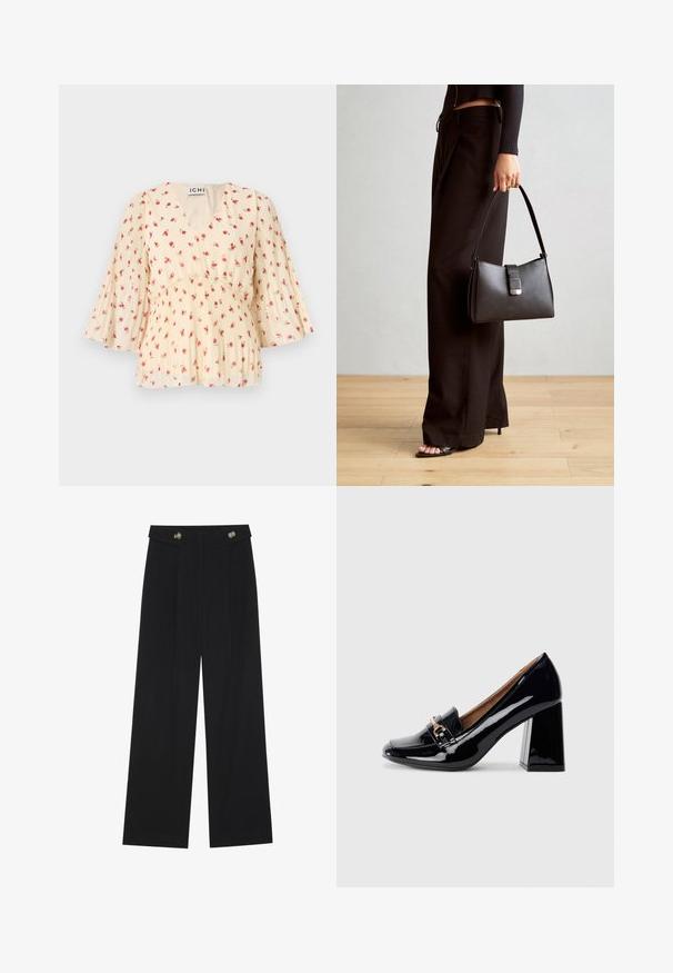 Blomstret bluse i kremfarge med V-hals og plisserte ermer. Har små rosa roser, mykt stoff og en innsvingt midje med løse, flagrende detaljer.; Svart vide bukser med høy midje, knappdetaljer på midjebåndet og frontplisser.; Sorte lakkert høyhælte sko med spiss tå og blokkhelt. Har en dekorativ stropp og spenne detajler på vampen.; Svart håndveske med strukturert form, jevn tekstur og metallisk lås. Kombinert med brede svarte bukser og sandaler med åpen tå på tregulv.