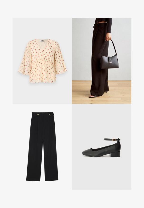 Blumenbluse in Creme mit V-Ausschnitt und gefältelten Ärmeln. Enthält kleine rosa Rosen, weichen Stoff und eine taillierte Passform mit lockeren, ausgestellt Details.; Schwarze weite Hosen mit hoher Taille, Knopfdetails am Bund und vorderen Falten.; Schwarze Lederpumps mit spitzem Zehenbereich und niedrigem Blockabsatz. Mit einem Knöchelriemen und einer goldfarbenen Schnalle. Glatte Textur.; Schwarze Handtasche mit strukturierter Form, glatter Textur und einem metallischen Verschluss. Kombiniert mit weiten schwarzen Hosen und offenen Sandalen auf einem Holzboden.