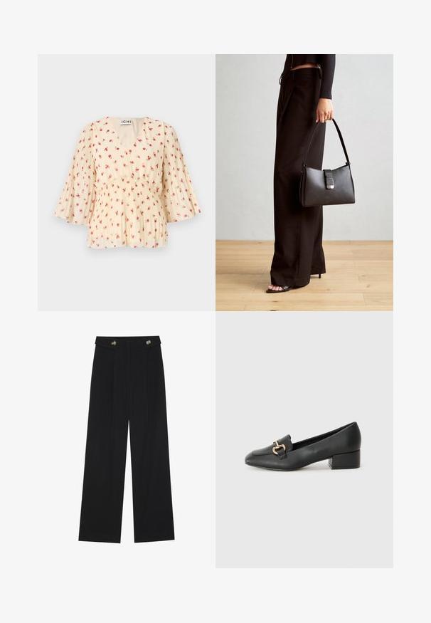 Kwiatowa bluzka w kolorze kremowym z dekoltem w serek i plisowanymi rękawami. Posiada małe różowe róże, miękki materiał oraz dopasowaną talię z luźnymi, rozszerzającymi się detalami.; Czarne szerokie spodnie z wysokim stanem, z detalami w postaci guzików na pasku oraz plisami z przodu.; Czarne skórzane loafersy z płaskim obcasem, z ozdobnym złotym detalem z przodu i gładką fakturą.; Czarna torebka o usztywnionym kształcie, gładkiej fakturze i metalowym zapięciem. Połączona z szerokimi czarnymi spodniami i sandałami na otwartym palcu na drewnianej podłodze.