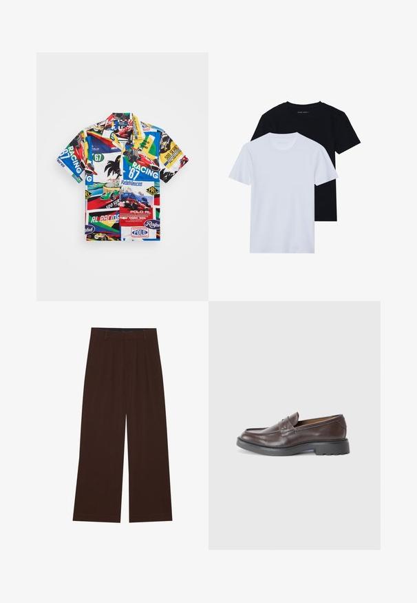 Trumpas rankovėmis, daugiaspalvis marškinėliai su lenktynių automobilio grafika, tekstu, logotipais ir įvairių gyvybingų raštų deriniu lengvame audinyje.; Du prie trumpomis rankovėmis marškiniai, vieni juodi, kiti balti, pagaminti iš minkštos medvilnės medžiagos su raukšlėtu paviršiumi. Klasikinio kirpimo dizainas.; Rudi plačiai praplečiami kelnių su klostėmis. Pagaminti iš lygaus audinio, su pritaikytu liemeniu ir šoninėmis kišenėmis. Lygus apačios kraštas.; Rudi odos loaferiai su lygia apdaila, apvalia nosimi, minimaliai siūti, ir storesniu juodu guminio padu. Nėra matomų metalo detalių ar akcentų.