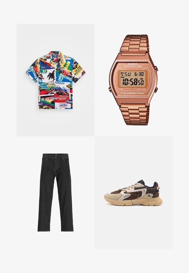 Rövid ujjú, színes ing, versenyautó grafikai tervezéssel, szöveggel, logókkal és élénk minták keverékével könnyű anyagon.; Fekete farmernadrág egyenes szárú dizájnnal, cipzáras záródással, övhurkokkal és hat zsebbel, tartós pamut keverékből készült.; Beige és barna sportcipő, textúrált hálós panelek, velúr díszítések és gumitalp jellemzi. Fűzős dizájnnal és márkázott részletekkel rendelkezik.; Digitális Casio óra rózsaarany fém szíjjal, téglalap alakú házzal, megvilágított kijelzővel és vízállósággal, mutatja az időt és a dátumot.