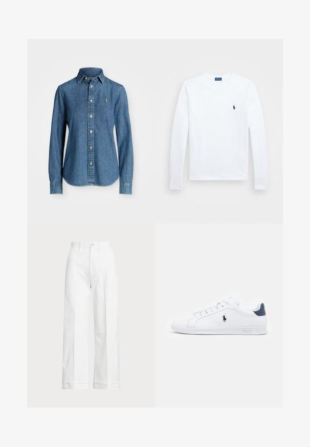 Denimskjorte i mellomblå, langermet, med knapp-down krage og logo på brystet. Har buet kant og vanlig passform.; Hvit langermet skjorte, i bomullsmateriale, med rund hals, som har en liten marineblå logo på venstre bryst. Enkelt design, vanlig passform.; Hvite vidde bukser med høy midje, med knappelukking og subtile sømdetaljer. Laget av bomull med en glatt tekstur.; Hvite lær sneakers med en glatt overflate, marineblå detaljer og en liten logo på siden. Har flate lisser og strukturet gummisåle.