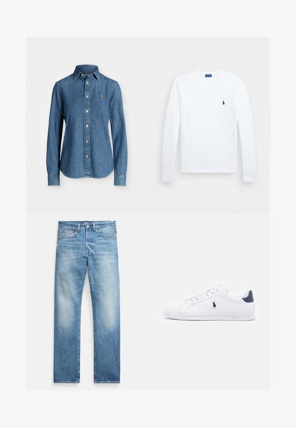 Denim shirt in medium blue, long sleeves, button-down collar, and logo accent on the chest. Features a curved hem and standard fit.; White long-sleeve shirt, cotton material, round neckline, featuring small navy logo on the left chest. Simple design, regular fit.; Light blue straight-leg denim jeans with slight fading, five-pocket style, metal rivets, and a button fly, Polo brand label on waistband.; White leather sneakers with a smooth finish, navy accents, and a small logo on the side. Features flat laces and textured rubber sole.