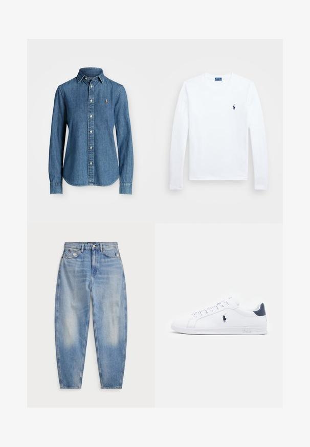 Denim krekls vidēji zils, ar garām piedurknēm, pogu aizdari un logo akcentu uz krūtīm. Iespējo izliekts apakšmalas un standarta piegriezumu.; Balta garām piedurknēm krekls, kokvilnas materiāls, apaļa dekoltē, ar nelielu tumši zilu logotipu kreisajā krūtī. Vienkāršs dizains, regulāra piegriezuma.; Gaiši zili augstās vidukļa džinsi ar sašaurinātu kāju, priekšējām un aizmugurējām kabatām, nelielu nolietojumu pie priekšējām kabatām un ar pogu aizdari.; Baltas ādas sporta apavi ar gludu virsmu, jūras zila akcenti un neliels zīmols sānos. Aprīkoti ar plakaniem aukliņām un strukturētu gumijas zoli.