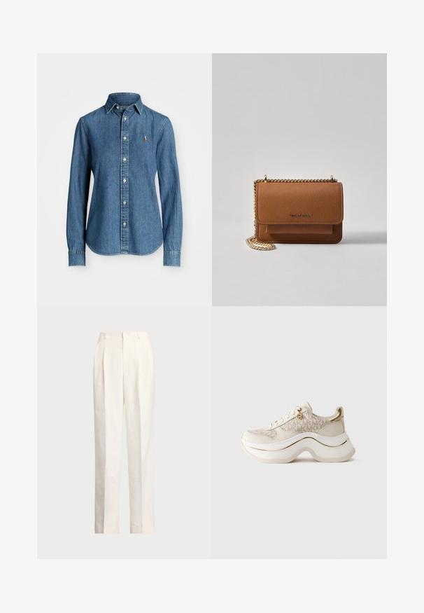 Denim srajca v srednji modri barvi, dolgi rokavi, ovratnik z gumbi in akcent logotipa na prsih. Ima ukrivljen rob in standardno prileganje.; Polo Ralph Lauren HEMP WIDE LEG PANT - Hlače - nevis; Bež in zlati platformni športni copat z vzorcem "MK", zvezanjem spredaj, zlatim obeskom in debelim valovitým podplatom na enobarvnem ozadju.; Rjava teksturirana usnjena torba čez ramo z zlatim verižnim trakom in zapiranjem na pokrov. Spredaj je vidna podrobnost logotipa in žep pod pokrovom.