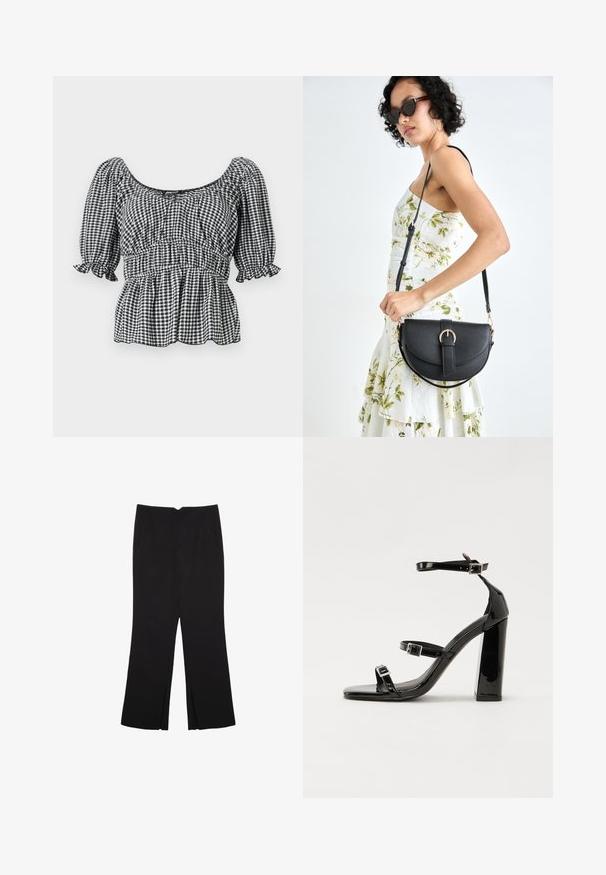 Blusa a scacchi bianca e nera con maniche a palloncino corte, scollatura quadrata e vita arricciata, caratterizzata da un design a peplo e dettagli a volants.; Pantaloni neri a gamba dritta, con tasche frontali e spacchi laterali all'orlo. Realizzati in tessuto morbido e liscio. Adatti a diverse occasioni.; Sandali con tacco in vernice nera, con punta squadrata, cinturini alla caviglia e fibbie in argento. Presentano un tacco a blocco spesso per maggiore stabilità.; Borsa a tracolla nera in pelle con una forma curva, manico rimovibile e accessori dorati. La borsa presenta una patta con un dettaglio a fibbia.