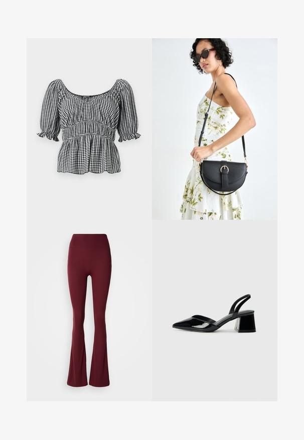 Juoda ir balta langeliu rašto bliuskė su trumpomis pūstomis rankovėmis, kvadratine iškirpte ir susikaupusiu liemeniu, turinti peplumo dizainą ir voluoti akcentai.; Aukštai įsiūtos, tamsiai raudonos legging'os su prigludusia šlaunimi ir platėjančia blauzda neutralioje fone.; Juodos lakuotos odinės šlepetės su smailiu pirštu ir geometriniu bloko kulnu. Turi elegantišką, minimalistinį dizainą ir lygų paviršių.; Juodas odinis krepšys su išlenkta forma, nuimamu dirželiu ir auksiniais detalėmis. Krepšys turi kilpą su sagtimi.