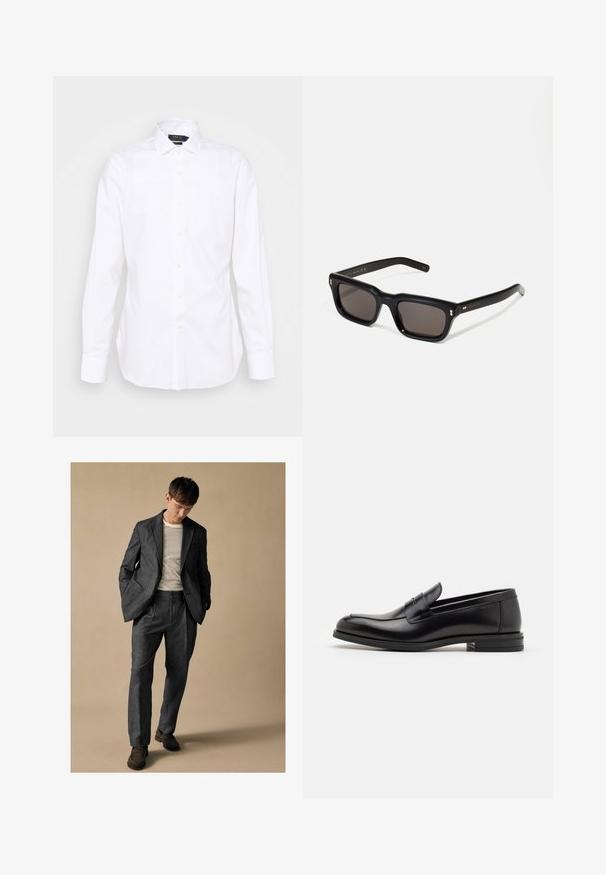 Balta ilgomis rankovėmis marškiniai, su mygtukais priekyje, smailiu apykakle, pagaminti iš medvilnės, lygaus tekstūros, su subtiliu siuvinėtu logotipu ant krūtinės.; Pilkas pritaikytas kostiumas su įpjovomis apykaklėmis ir priekinėmis kišenėmis, derinamas su dryžuotu marškiniais. Kelnės turi laisvą siluetą ir raukšlėtą detalizavimą. Rudos bateliai.; Juodos odinės loafers, turinčios lygų paviršių, apvalią noselę ir dekoratyvinę juostą per priekinę dalį. Žemas krentantis kulnas, minimalistinis dizainas.; Juodos stačiakampės akinių nuo saulės su tamsiais objektyvais, storu plastiko rėmu, auksinėmis detalėmis ant šventyklų ir prekės ženklo logotipu išgraviruotu ant šono.