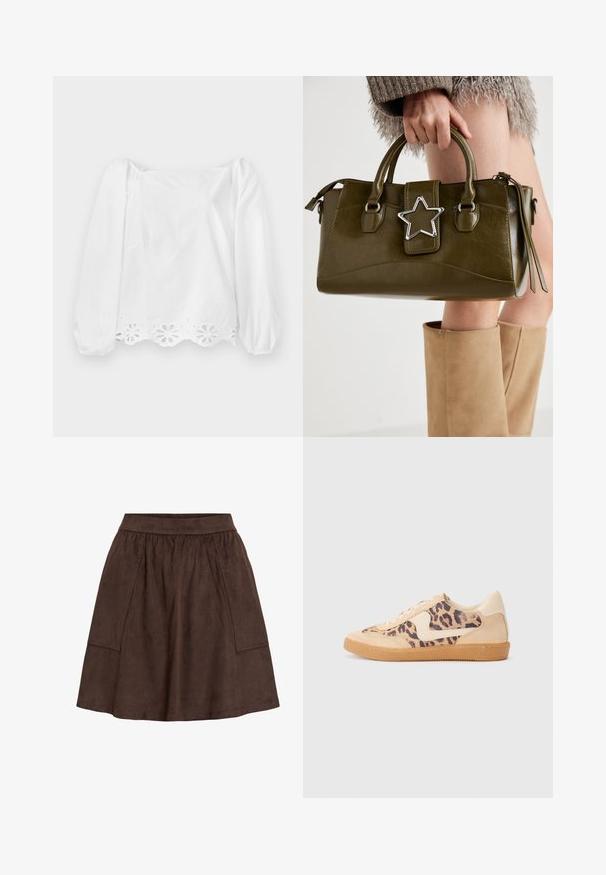 White long-sleeve blouse with puffed sleeves and a scalloped hem. Features cut-out floral pattern along the lower edge and a slight sheen.; Brown suede skirt with an elastic waistband, featuring side pockets and a flared design. Smooth texture and knee-length cut.; Leopard print sneakers with beige suede upper, tan rubber sole, and white accents. Round toe and lace-up design with a textured finish.; Olive green faux leather handbag with silver star accent, dual handles, and a zip closure. Textured surface and structured shape.