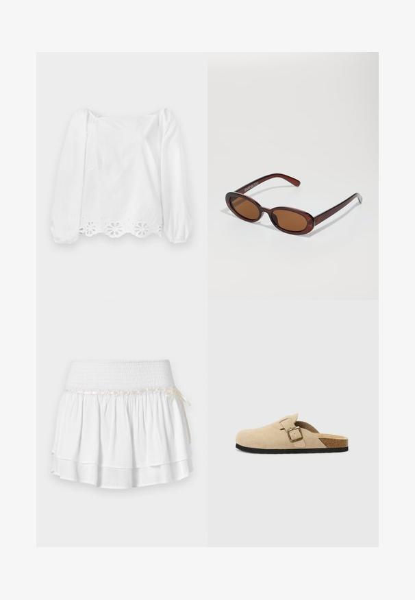 Baltas garām piedurknēm blūze ar pūkainām piedurknēm un viļņotu apakšmali. Iezīmē izgrieztu ziedu rakstu gar apakšējo malu un vieglu spīdumu.; Balta daudzslāņu svārku ar elastīgu jostu, ar teksturētu smokošanas detaļu un dekoratīvu lentu. Kokvilnas audums.; Beige krēmo zamšs čības ar korķa zoli, noapaļota purngala un vienkārša siksna ar zelta tonēta sprādzi. Gumijas zole labākai saķerei.; Apaļas, brūnīgi nokrāsotas saulesbrilles ar spīdīgu bordo rāmīti. Šauri kāti ar diskrētu zīmola detaļu. Plakana objektīva dizains.