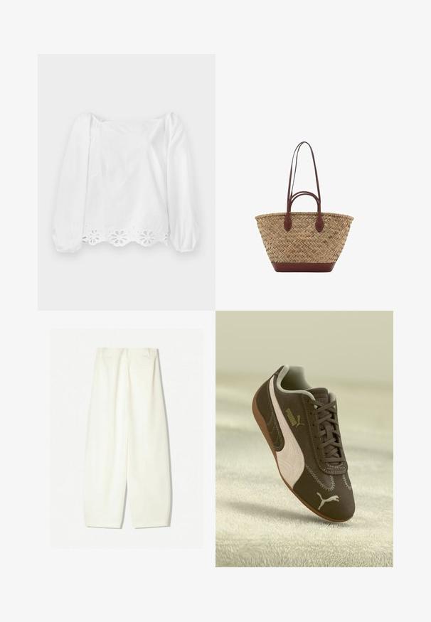 Biela blúzka s dlhým rukávom a vypúchavými rukávmi, s vykrojeným dolným okrajom. Obsahuje vystrihovaný kvetinový vzor pozdĺž dolného okraja a jemný lesk.; Bavlnené nohavice s širokými nohavicami v jemnej krémovej farbe, s hladkým povrchom, prednými vreckami a voľným strihom s pásom strednej výšky.; Hnedé tenisky Puma so béžovým pruhom a logom, šnurované, odpočívajúce na textúrovanom béžovom povrchu.; Tkána slamenná taška s prepletenou textúrou, tmavohnedé kožené rúčky a dno, široký obľúkový tvar a otvorený dizajn na vrchu.