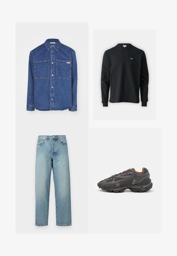 Calvin Klein Jeans REGULAR LINEAR - Pluus - blue denim medium; Must musta särk pikad varrukad, valmistatud puuvillast, ümar kaelus ja vasakul rinnal väike rohelise värvi tikandiga krokodillilogoga.; Heledad sinised teksad, mis on laia lõikega, sirged jalad, viie tasku disain ja nupuga kinnitamine vööl. Minimalistlik õmbluse detail.; Tumed hallid Lacoste tossud, mis on valmistatud võrkkangast ja sünteetilisest materjalist, omavad tekstureeritud talla ning pruune aktsente kaeluse ja brändingu juures.