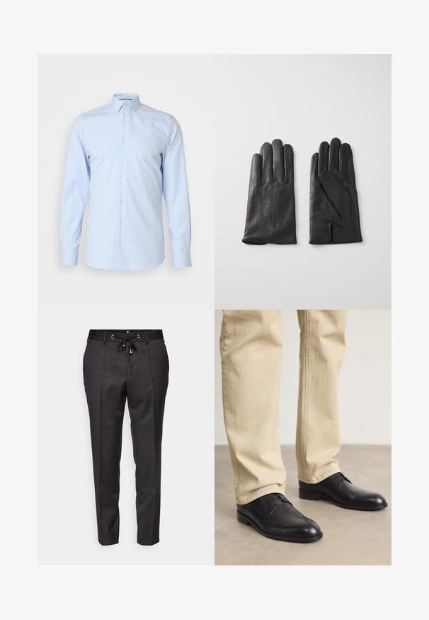 Svetlomodrá košeľa na gombíky s dlhými rukávmi, klasickým golierom, vyrobená z hladkého materiálu, s bielymi gombíkmi po celej prednej časti, minimalistický dizajn.; Čierne elegantné nohavice s pásom na šnúrku, skladaným predným dielom a manžetovými lemami. Vyrobené z hladkej tkaniny s pevným strihom.; Čierne kožené šnurovacie topánky s okrúhlou špičkou, hladkým povrchom a jemnými detailmi prešitia, nosené so svetlo béžovými nohavicami.; Čierne kožené rukavice s piatimi prstami, s dekoratívnym prešívaním. Interiér má mäkkú podšívku a otvorený dizajn ukazováka.