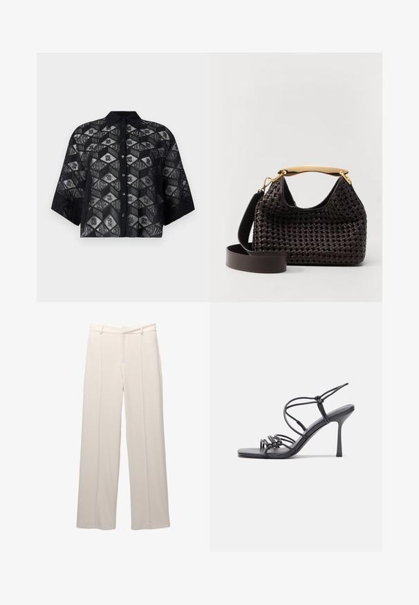 Black sheer shirt featuring a geometric pattern with the "HUGO" logo, short sleeves, and a collared neckline with button closure.; Wide-leg trousers in light beige fabric with a smooth texture. Features a fitted waistband, front pleats, and no visible pockets.; Black high-heeled sandals feature thin straps with a knotted design, a smooth square toe, and a sleek stiletto heel.; Elleme BOOMERANG WOVEN - Handbag - brown; Silver hoop earrings with a smooth, shiny finish. Rounded shape, lightweight design, featuring a post-back closure.