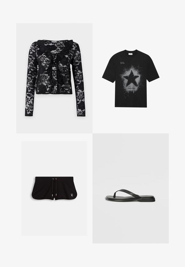 Cardigã de renda preta com mangas longas, padrões florais, colarinho em babados, design de frente aberta e detalhe de laço ao nível do decote.; T-shirt de algodão preta com um grande gráfico de uma estrela cinza com efeito de respingos. O texto diz "Sonhe Grande Brilhe Intensamente" acima e "Moda Cósmica" abaixo.; Calções pretos feitos de tecido macio, com um cós ajustável por cordão, aberturas laterais e um pequeno logótipo bordado na parte da frente.; Chinelo preto feito de couro liso, com um design de tira fina e sola baixa com um perfil minimalista. Sem padrões ou acentos notáveis.
