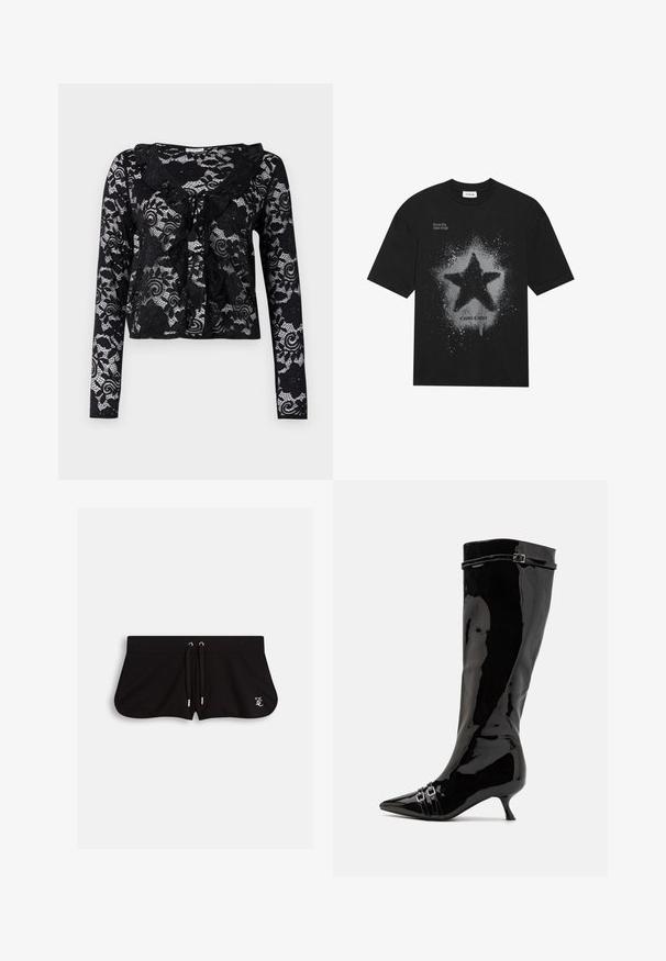 Schwarze Spitzenstrickjacke mit langen Ärmeln, Blumenmustern, Rüschensaum, offenem Frontdesign und Bindeband am Halsausschnitt.; Schwarzes Baumwoll-T-Shirt mit einem großen grauen Sterne-Graphic im Spritz-Effekt. Der Text "Dream Big Shine Bright" steht darüber und "Cosmic Couture" darunter.; Schwarze Shorts aus weichem Material mit einem Kordelzugbund, seitlichen Schlitzen und einem kleinen gestickten Logo auf der Vorderseite.; Kniehohe schwarze lackierte Lederstiefel mit spitzer Zehe, kleinem Absatz und doppelten Schnallenakzenten in der Nähe des Knöchels. Glatte, glänzende Oberfläche.