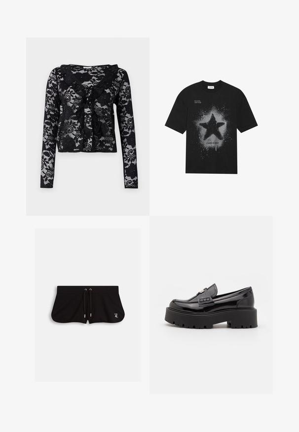 Czarny koronkowy kardigan z długimi rękawami, kwiatowymi wzorami, falbaniastym kołnierzykiem, otwartym przodem i wiązaniem przy dekolcie.; Czarna bawełniana koszulka z dużą szaro-skalową grafiką gwiazdy z efektem plamy. Napis "Marzysz Wysoko, Świecisz Mocno" znajduje się nad grafiką, a poniżej napis "Kosmiczna Moda".; Czarne szorty wykonane z miękkiego materiału, z elastycznym paskiem na sznurku, bocznymi rozcięciami i małym haftowanym logo z przodu.; Madden Girl CALISTA czarny