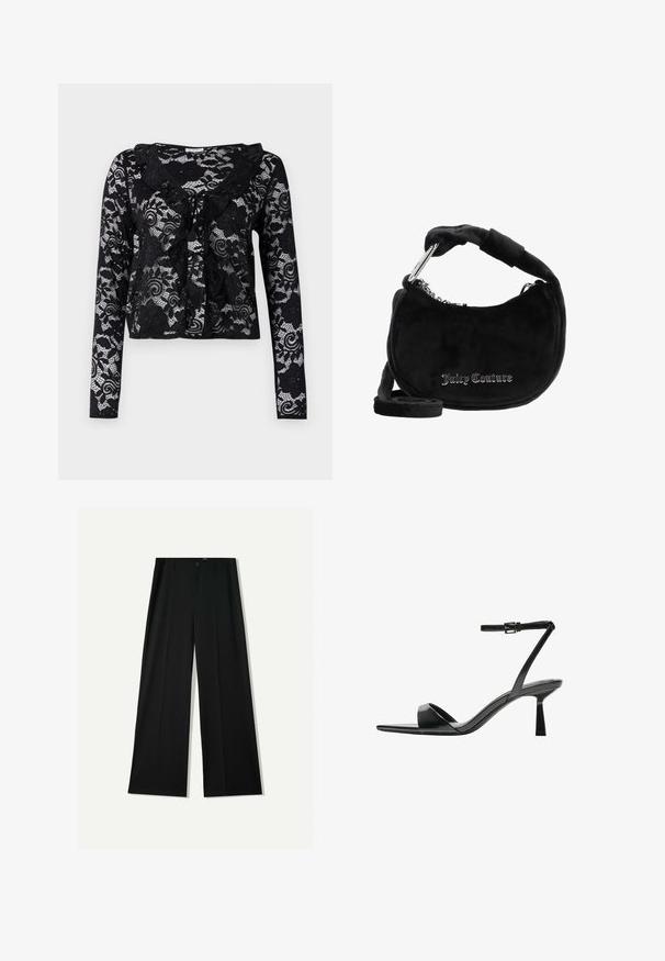 Zwarte kanten cardigan met lange mouwen, bloemmotieven, gerimpelde kraag, openfront ontwerp en strikdetail bij de hals.; Bershka WIDE - Broek - black; Bershka Sandalen met hoge hak - black; Zwarte suède schoudertas met een gebogen vorm, voorzien van een gewatteerde handgreep, zilveren kettingaccenten en het "Juicy Couture"-logo in metalen letters.