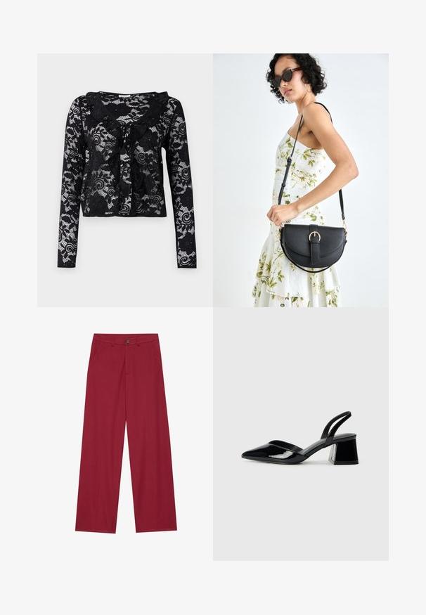 Cardigan de encaje negro con mangas largas, patrones florales, cuello con volantes, diseño de frente abierto y detalle de lazo en el escote.; Pantalones de pierna ancha hechos de una tela suave y texturizada en un color rojo intenso. Presentan bolsillos delanteros y un cierre de botón único en la cintura.; Zapatos de tacón slingback de charol negro con punta afilada y tacón geométrico en bloque. Presentan un diseño elegante y minimalista, así como una textura suave.; Bolso de piel negra con forma curva, correa desmontable y herrajes dorados. El bolso cuenta con una solapa con un detalle de hebilla.