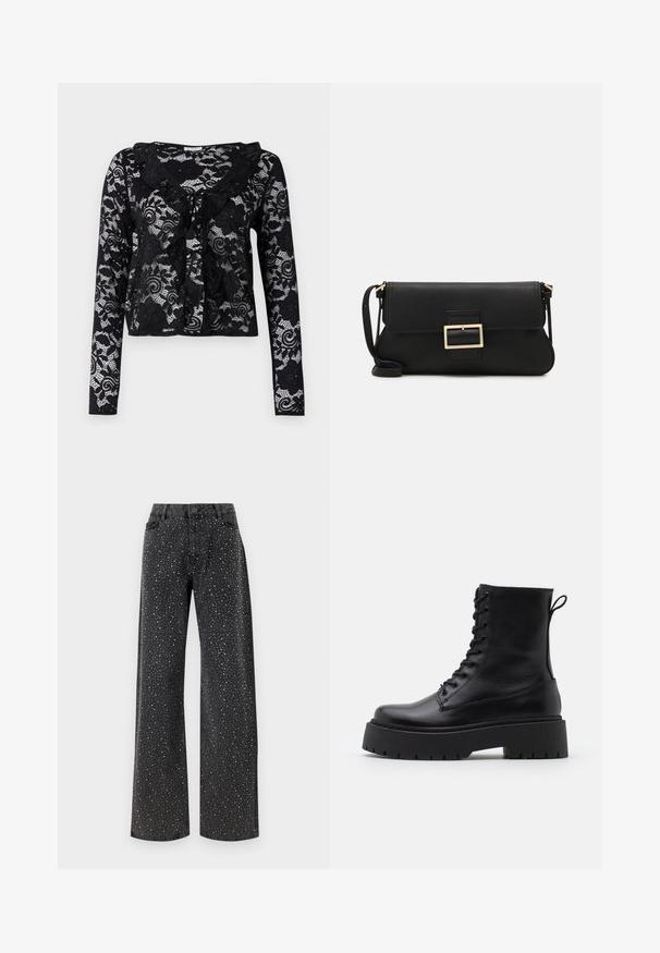 Črna čipkasta kardigan z dolgimi rokavi, cvetličnimi vzorci, nabranim ovratnikom, odprtim sprednjim oblikovanjem in vezavo na vratu.; Noisy May NMJANNEL LOOSE - Široke kavbojke - black denim; Črne usnjene gležnjarje z okroglo konico, vezalnim sprednjim delom in debelim gumijastim podplatom z teksturiranim profilom. Zanka na hrbtni strani.; Črna usnjena torbica na preklop z zlato kovinsko zaponko. Vključuje črn trak in eleganten, minimalističen dizajn.; Srebrne uhane v obliki obroča z minimalističnim dizajnom. Krožna oblika, gladka tekstura in tanek profil. Lahki s poliranim zaključkom.