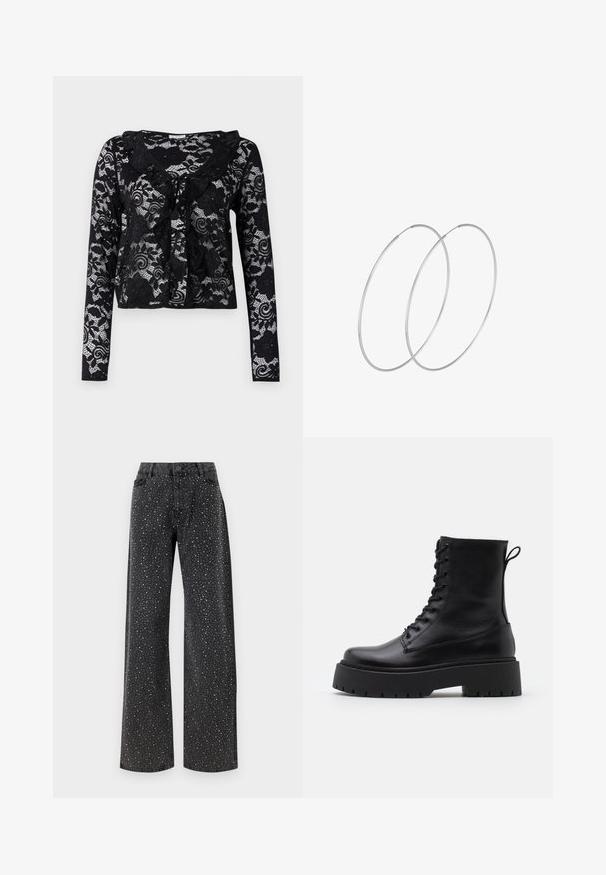 Čierny čipkový kardigán s dlhými rukávmi, kvetinovými vzormi, volánikovým golierom, otvoreným predným dizajnom a viazaním na krku.; Noisy May NMJANNEL LOOSE - Džínsy voľného strihu - black denim; Čierne kožené členkové topánky s okrúhlou špičkou, šnurovaním vpredu a hrubou gumovou podrážkou s textúrovaným vzorom. Sťahovací pútko na zadnej strane.; Strieborné kruhové náušnice s minimalistickým dizajnom. Cirkulárny tvar, hladký povrch a tenký profil. Ľahké s lesklým povrchom.