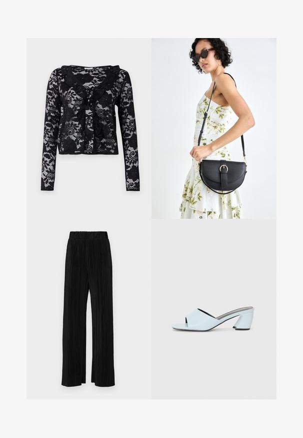 Juoda nėrinių kardiganas su ilgomis rankovėmis, gėlėti raštai, volangų apykaklė, atvira priekinė dalis ir raištelių detalė kaklo srityje.; Juodi plisuoti kelnės su elastine juosta. Turėkite plačias kojas ir glotnų, tekstūrinį audinį su vertikaliais dryžiais.; Šviesiai mėlynos atvirų pirštų kulno mules su geometriniu dizainu, turinčios plačią juostą per pėdą ir stambų, kampuotą kulną.; Juodas odinis krepšys su išlenkta forma, nuimamu dirželiu ir auksiniais detalėmis. Krepšys turi kilpą su sagtimi.