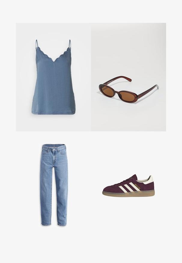 Blue sleeveless top with a scalloped V-neckline, made of lightweight fabric, featuring a relaxed fit and a hem that falls below the waist.; Light blue jeans made of denim, with a relaxed fit, straight leg, five-pocket design, and frayed hems for a casual look.; Maroon suede sneaker with white three stripes and beige accents. Features a textured rubber sole and gold branding on the side.; Round, brown-tinted sunglasses with a glossy burgundy frame. Slim arms with subtle branding detail. Flat lens design.; Brown woven leather handbag with a slouchy, triangular shape. Features a braided handle and a zipper closure along the top.