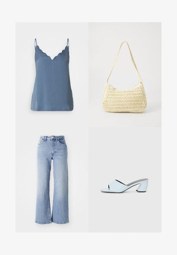 Blaues ärmelloses Oberteil mit einem gewellten V-Ausschnitt, aus leichtem Stoff gefertigt, mit lockerem Schnitt und einem Saum, der unterhalb der Taille endet.; Himmelblaue hochtaillierte Schlagjeans mit vorderen und hinteren Taschen, Knopfverschluss und dezentem Verblassen an den Oberschenkeln und Säumen.; Hellblaue offene mules mit Absatz und geometrischem Design, ausgestattet mit einem breiten Riemen über dem Fuß und einem dicken, winkligen Absatz.; Gewebte beige Schultertasche mit einer geschwungenen Form und langem, geflochtenem Tragegurt. Verfügt über eine strukturierte Oberfläche und einen Reißverschluss an der Seite.; Silberne Creolen mit einem glatten, runden Design und einer polierten Oberfläche. Sie sind dünn und leicht und verfügen über einen einfachen Verschluss.
