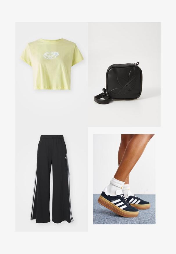 Light yellow cropped T-shirt made of cotton. Features a white floral graphic design in the center of a heart shape on the front.; Black wide-leg sweatpants with an elastic waistband, featuring white side stripes and an embroidered logo on the left thigh.; Black suede sneakers with white stripes and accents, rounded toe, gum rubber outsole, paired with white ribbed crew socks.; Black square crossbody bag made of textured synthetic material. Features an embossed logo design and adjustable strap. Zipper closure.