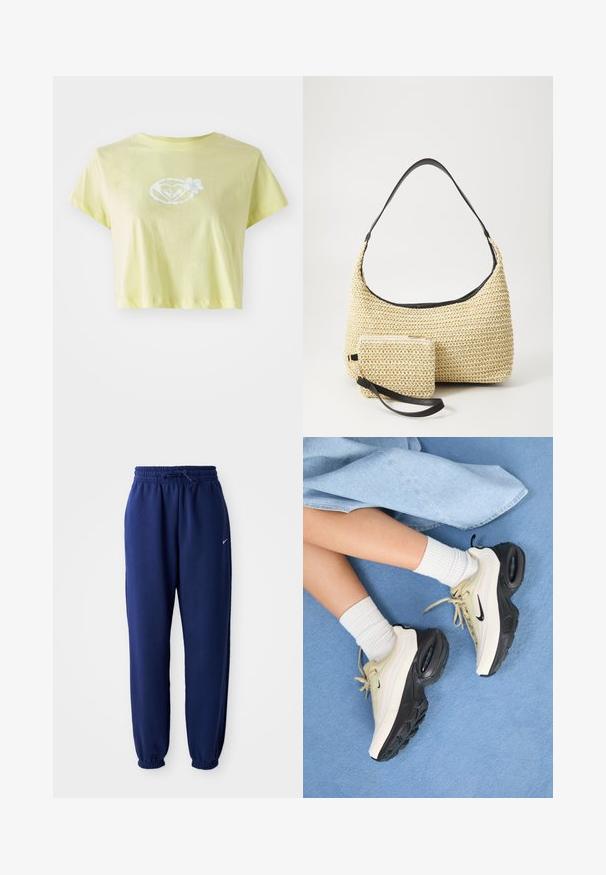 Camiseta corta de color amarillo claro hecha de algodón. Presenta un diseño gráfico floral blanco en el centro de una forma de corazón en la parte delantera.; Pantalones de chándal azul marino hechos de una tela suave, que cuentan con una cintura elástica con cordón, puños elásticos y un pequeño logo blanco.; Las zapatillas Nike Air Max presentan un diseño en beige y negro, con una parte superior suave, amortiguación de aire visible y suelas de goma planas.; Bolso de paja tejido con una silueta curva, que cuenta con una suave correa de cuero negro y un pequeño estuche a juego, sujeto por una correa de muñeca.