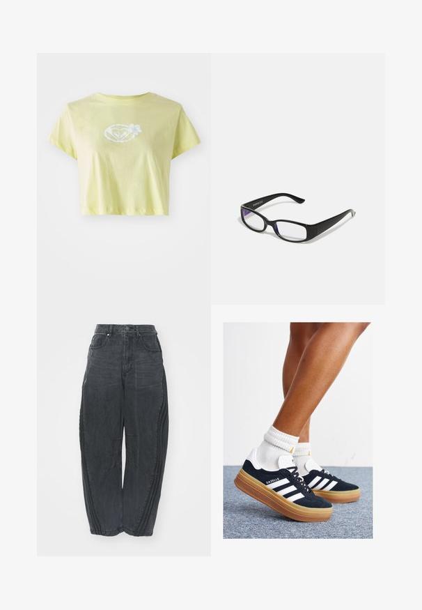 Light yellow cropped T-shirt made of cotton. Features a white floral graphic design in the center of a heart shape on the front.; Baggy black denim jeans with a faded finish, five pockets, a waist button closure, and stitched detailing on the front and sides.; Black suede sneakers with white stripes and accents, rounded toe, gum rubber outsole, paired with white ribbed crew socks.; Black rectangular glasses with clear lenses. Glossy finish, narrow arms, and purple tint visible at the edges of the lenses.